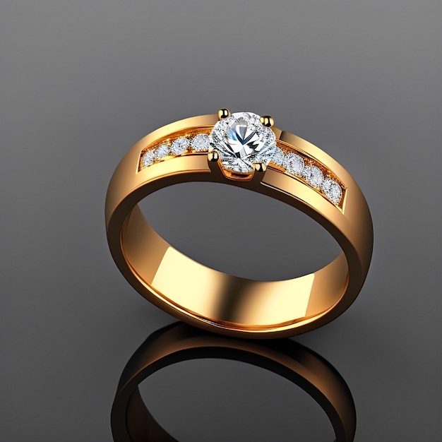 A gold ring with diamonds and diamonds is displayed on a gray background.