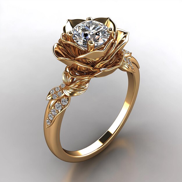 a gold ring with diamonds on it and a flower in the middle