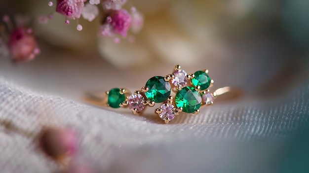 a gold ring with green sapphires and diamonds