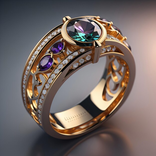 A gold ring with purple stones and a diamond on the side.