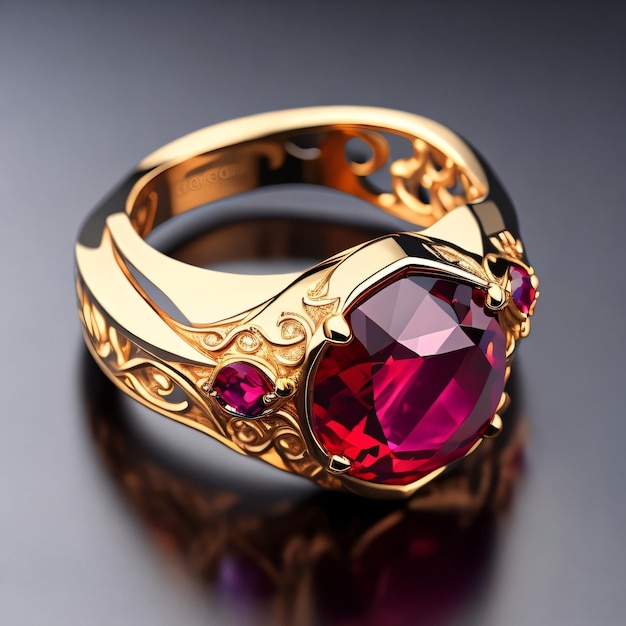 A gold ring with a red gem and a garnet on it.