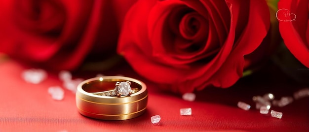 a gold ring with a red rose and a red rose