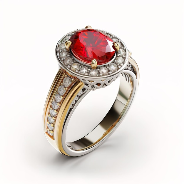 Gold ring with ruby and diamonds isolated on white background generative AI