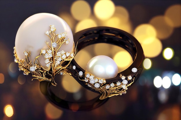 gold ring with white pearl gem and diamond crystal women jewelry