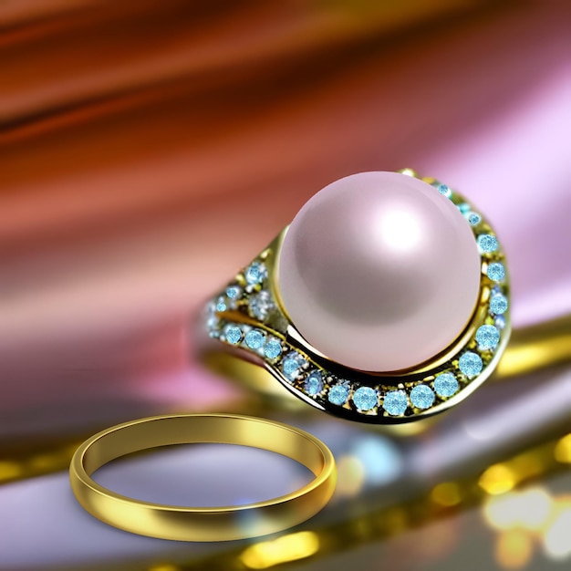 gold ring with yellow citrine white pearl diamonds on pink background