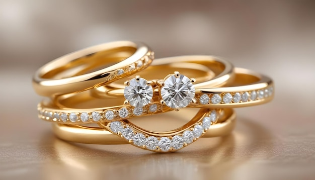 gold rings with diamonds and a heart shaped diamond