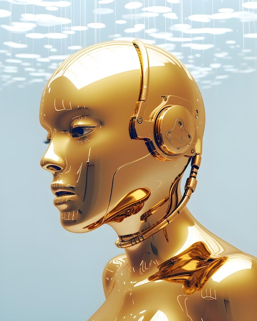 A gold robot with a blue background and the word robot on it.