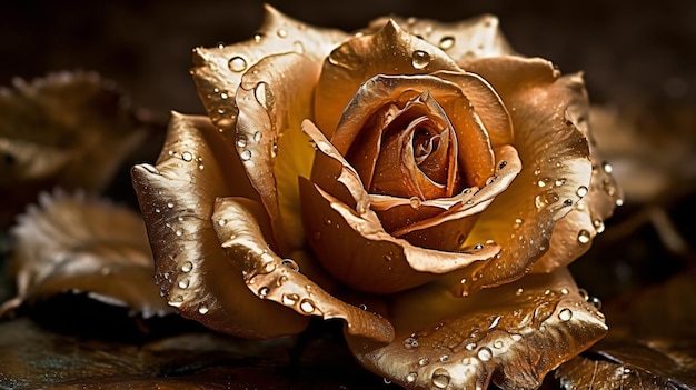 A gold rose with water drops on it