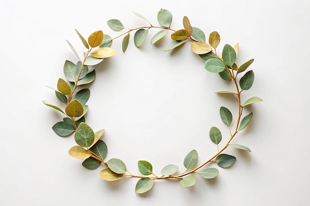 Gold round frame made of gold branches eucalyptus and leaves isolated on white background lay flat top view