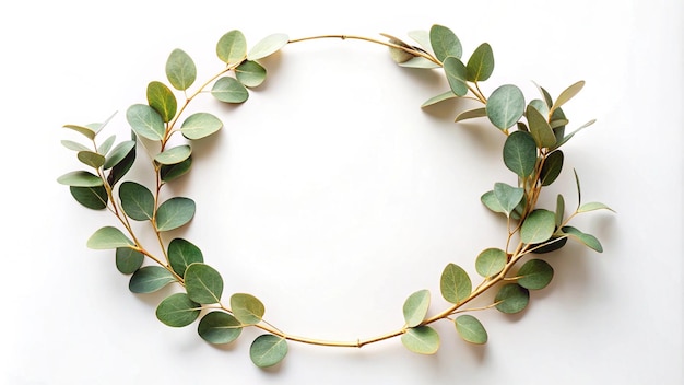 Gold round frame made of gold branches eucalyptus and leaves isolated on white background lay flat top view