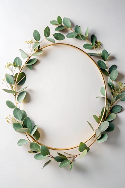 Gold round frame made of gold branches eucalyptus and leaves isolated on white background lay flat top view