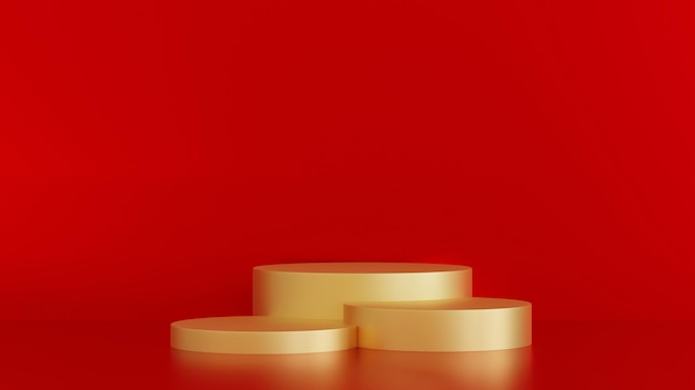 Gold round pedestal podium on red background stage for product demonstration or award ceremony 3D rendering