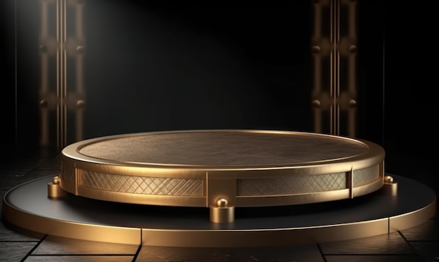 A gold round podium with a black background and a gold plated plate that says'gold '