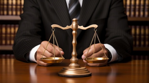 Gold scale of justice with businessman hand on background