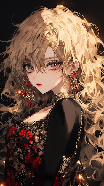 gold sequin and black fabric blonde curly hair ruby red lipstick heavy mascara