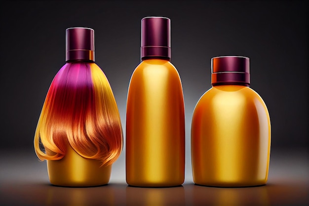 Gold shampoo and gel bottles and hair wig hair cosmetics for bath treatments illustration Generative AI