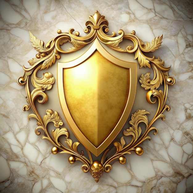 Photo gold shield with ornate border displayed on a marble background generative ai