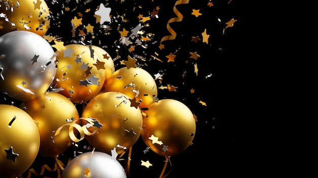 Gold and silver balloon with foil confetti falling on black background 3d render