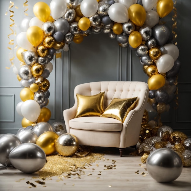 Gold and silver balloon with foil confetti falling with blank banner on black background 3d render