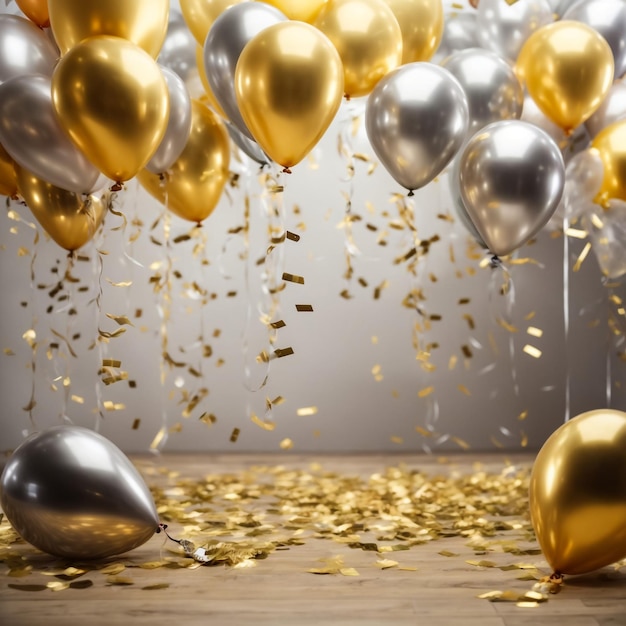 Gold and silver balloon with foil confetti falling with blank banner on black background 3d render