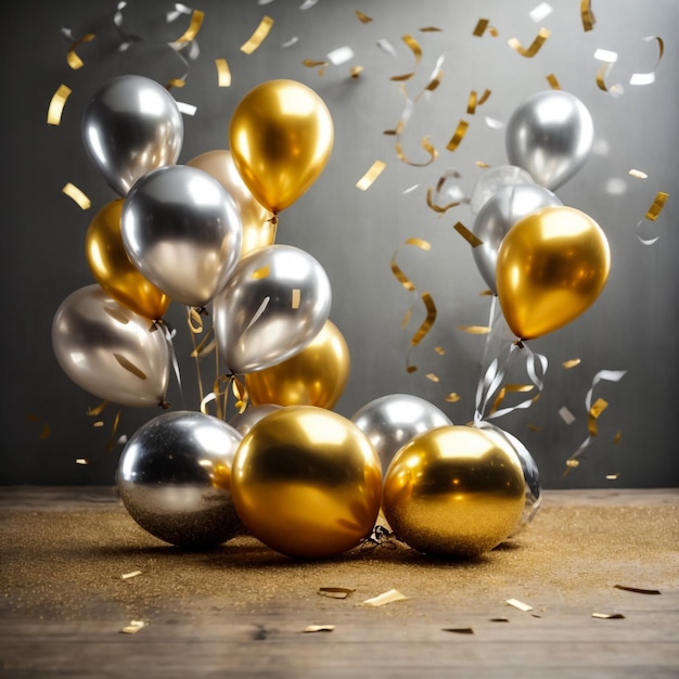 Gold and silver balloon with foil confetti falling with blank banner on black background 3d render