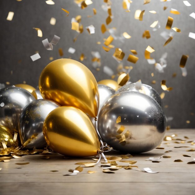 Gold and silver balloon with foil confetti falling with blank banner on black background 3d render