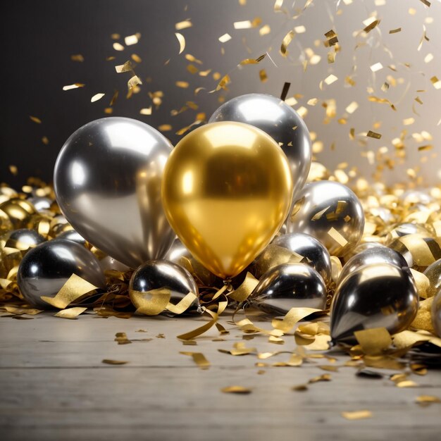 Gold and silver balloon with foil confetti falling with blank banner on black background 3d render