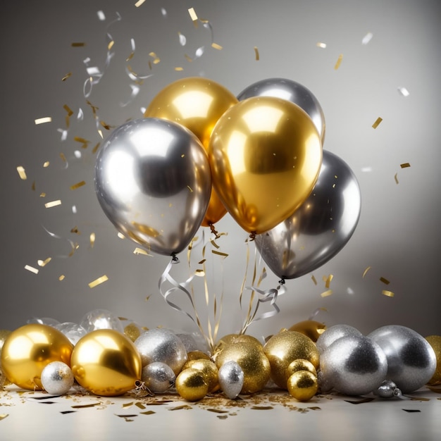 Gold and silver balloon with foil confetti falling with blank banner on black background 3d render