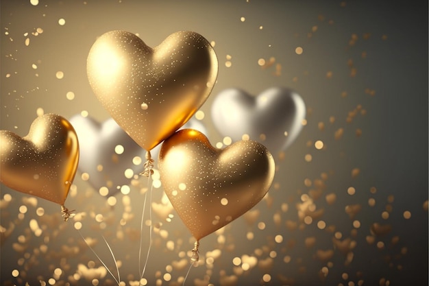 Gold and silver balloons in the air with the word love on them