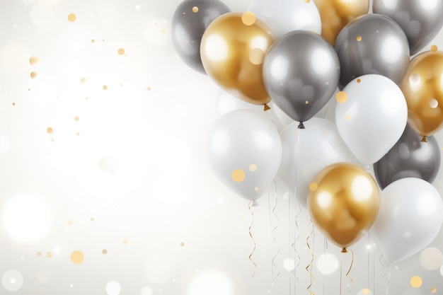 Gold and Silver Balloons with Confetti Celebrate with a 3D rendering of Festive Balloons