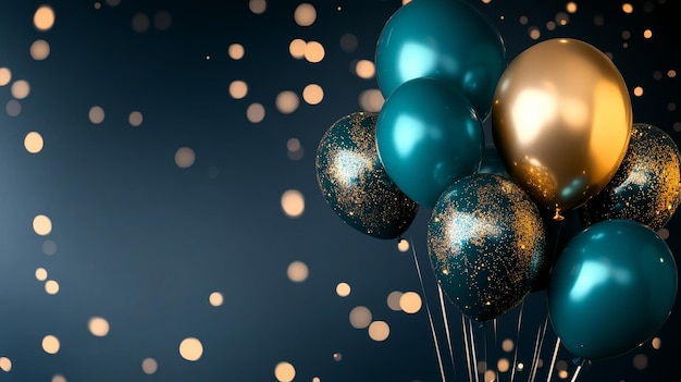 gold and silver balloons with sparkles and sparkles on a dark background