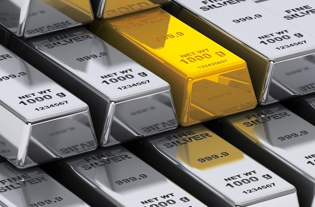 Gold and silver bars on a white background