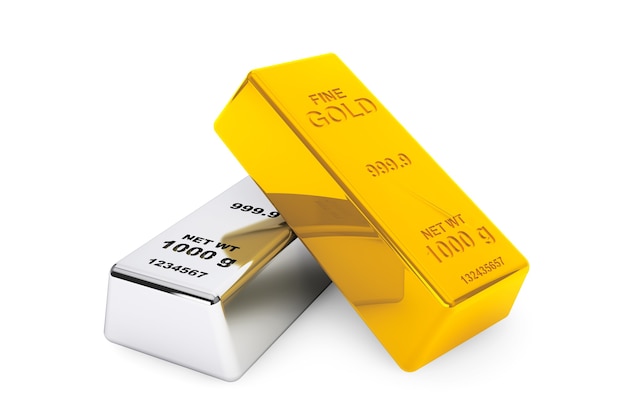 Gold and silver bars on a white background