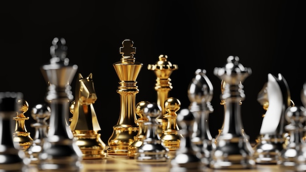 Gold and silver chess figures placed on chessboard 3D rendering illustration