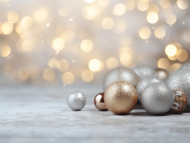 Gold and silver Christmas balls on the left on the table