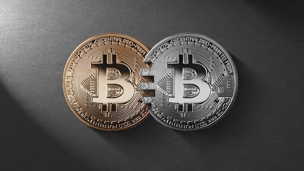 Gold and silver coins bitcoin on a black background. The concept of blockchain technology and money transfers. Mastercard analog concept. Cryptocurrency and blockchain trading concept. Can be used for