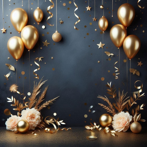 a gold and silver decoration with gold decorations and a blue background with gold glitter and gold