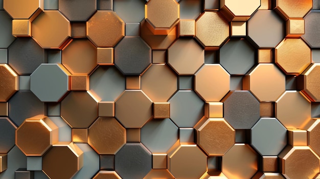 A gold and silver hexagonal patterned wall The wall is made of metal and has a rough texture