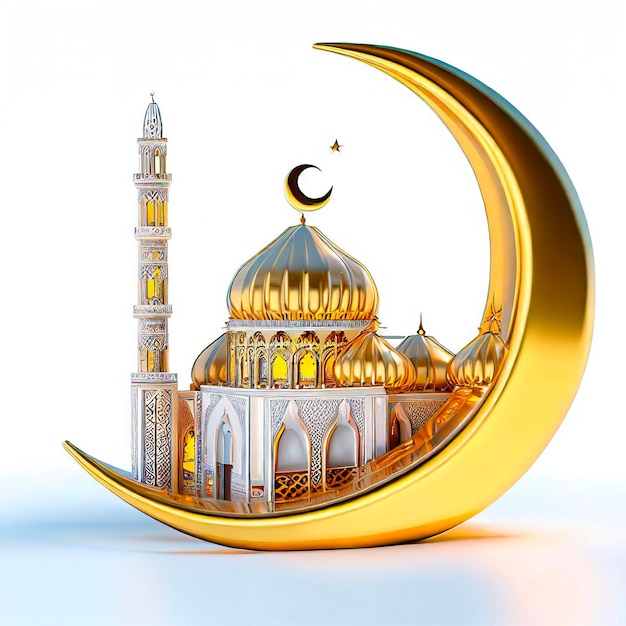 A gold and silver moon with a mosque in the middle.