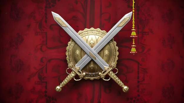 Photo a gold and silver shield with a sword and a sword on it