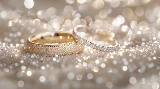 Gold and silver wedding rings rest on a glittering background