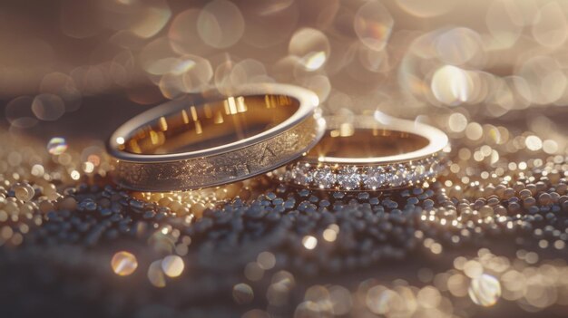 Gold and silver wedding rings rest on a glittering background