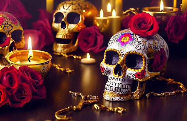 Gold skull for dia de los muertos day of the dead with candles and flowers