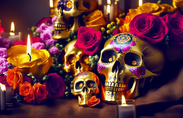 Gold skull for dia de los muertos day of the dead with candles and flowers