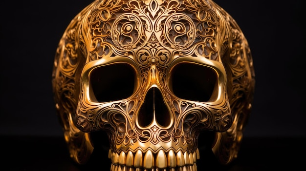 a gold skull is displayed against a black background.