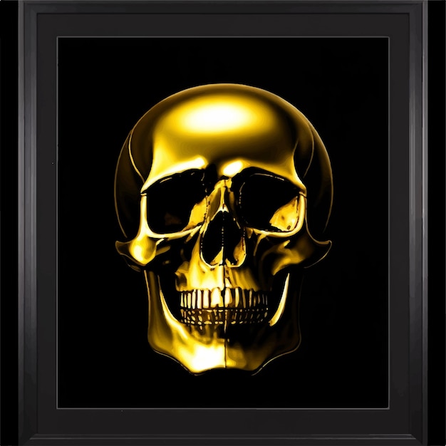 A gold skull is framed in a black frame