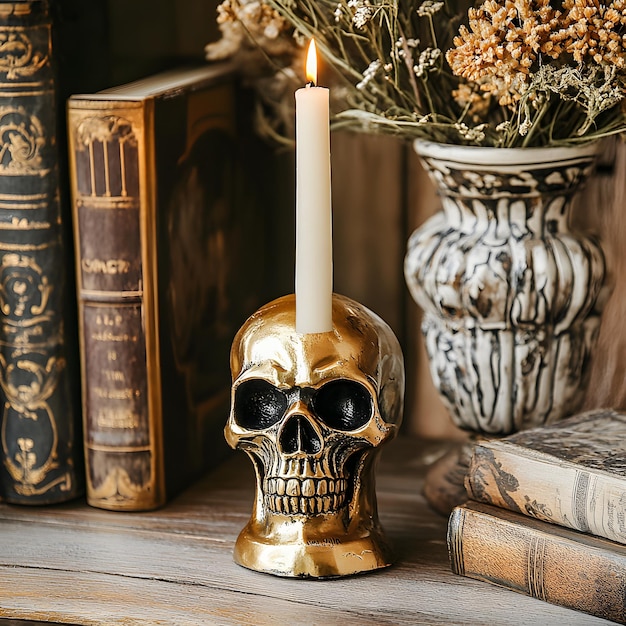 Photo a gold skull sits on a book shelf next to a candle holder