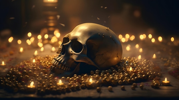 A gold skull sits on a pile of gold beads.