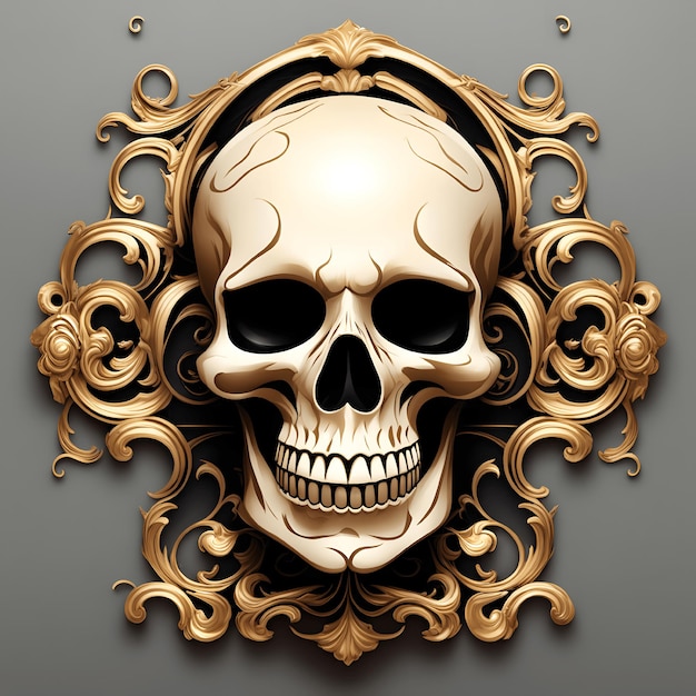 Gold Skull with Baroque Ornament Human Skull with Golden Decorative Elements on Gray Background