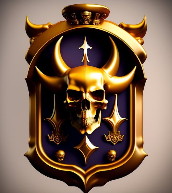 A gold skull with a crescent moon on it